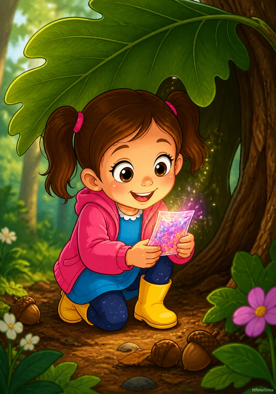 Under a large oak leaf, Harper discovered a small, shimmering packet labeled Sparkle Seeds. Her eyes widened with wonder as she imagined what kind of magical plants might grow from them.