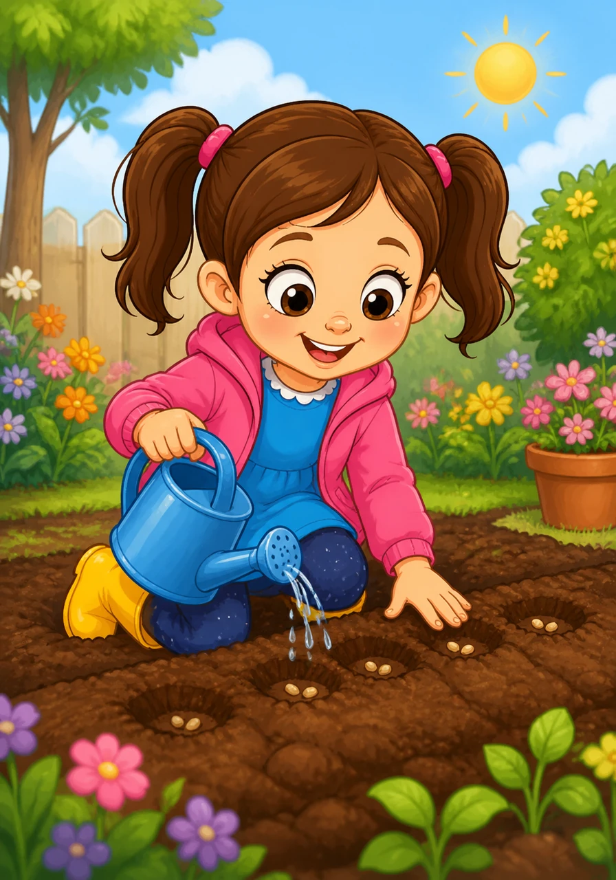 With her trusty blue watering can, Harper carefully planted the seeds in a sunny patch of soil. She hummed a happy tune, giving each seed a gentle drink of water and a little pat of dirt.