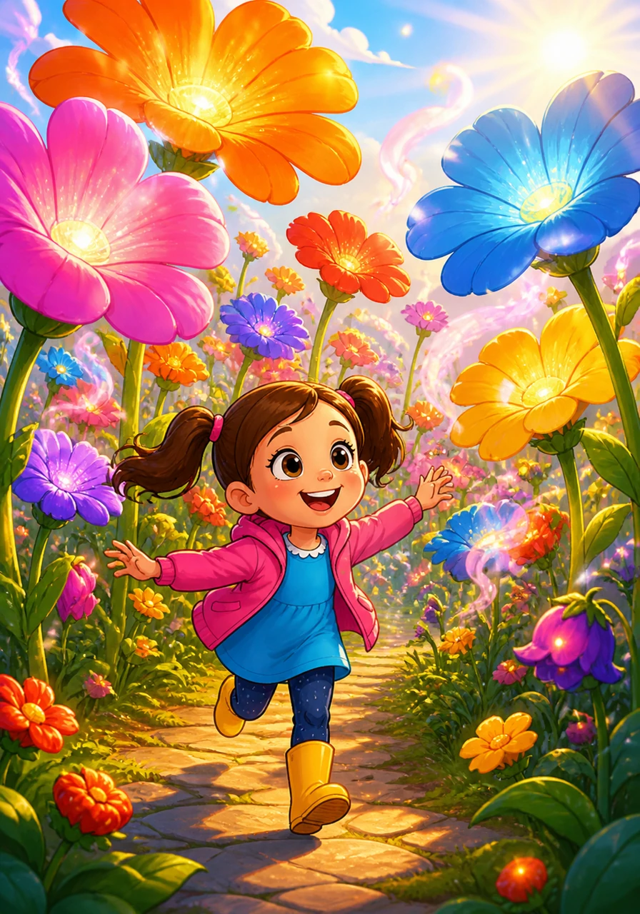 The next morning, Harper ran outside to find a forest of giant, glowing flowers taller than her head. The petals were every color of the rainbow and smelled like sweet strawberries and warm sunshine.
