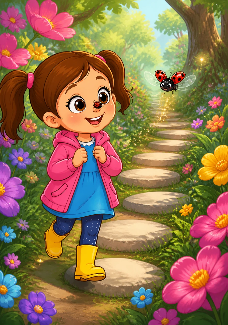 A friendly red ladybug landed on Harper’s nose before fluttering toward a path made of smooth, flat stones. Harper giggled and followed her new friend deeper into the magical floral forest.