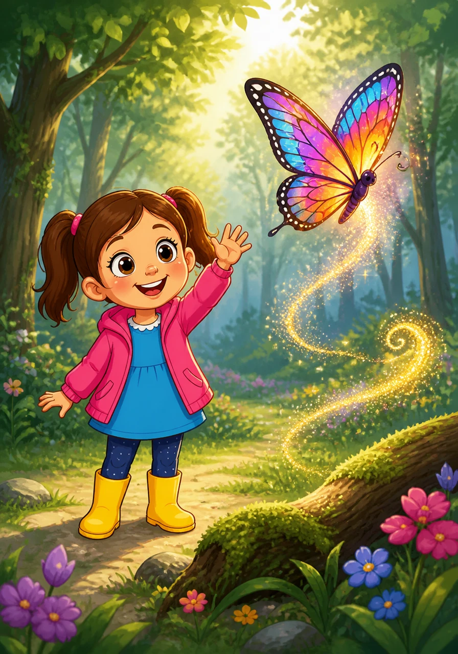 She reached a clearing where a magnificent butterfly with wings like stained glass was resting. When Harper waved, the butterfly danced through the air, leaving a trail of glittery dust behind.