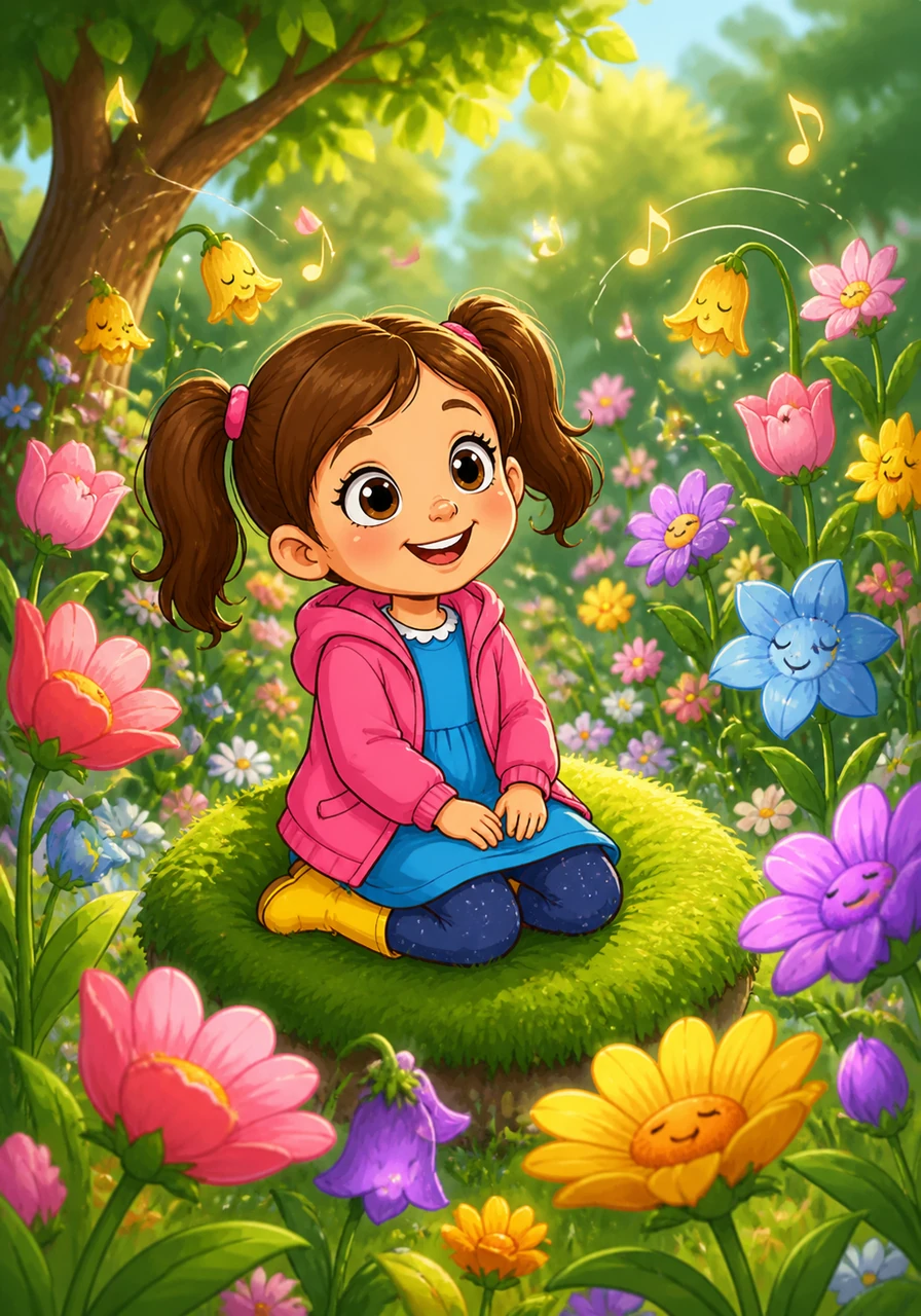 In the heart of the garden, the flowers began to sway and hum a soft, rhythmic melody. Harper sat on a soft mossy rug and listened to the peaceful music of the wind and the blossoms.