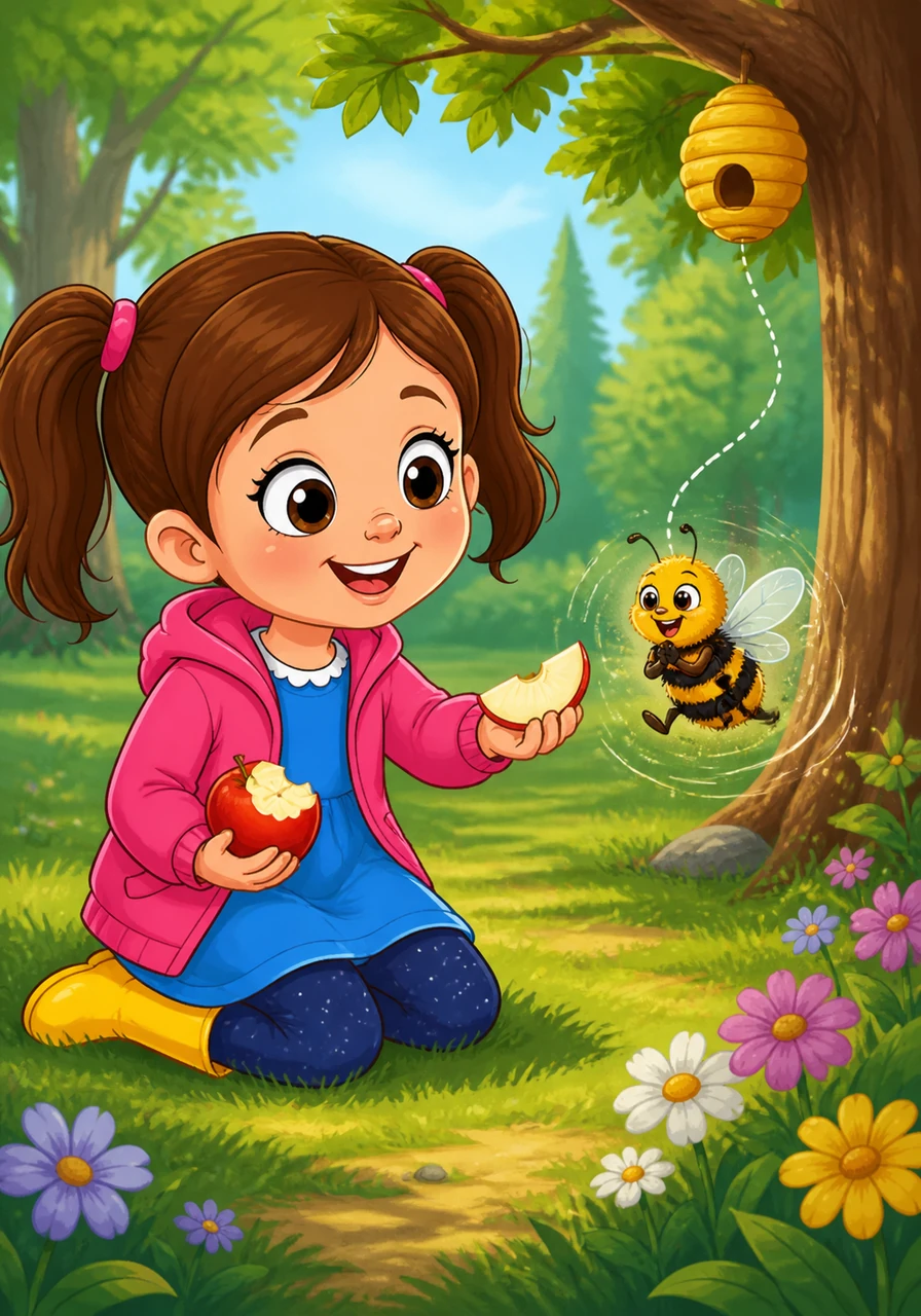 A tiny, fuzzy bumblebee buzzed over to see what was happening in the clearing. Harper shared a piece of her apple, and the bee did a little thank you dance before flying back to its hive.
