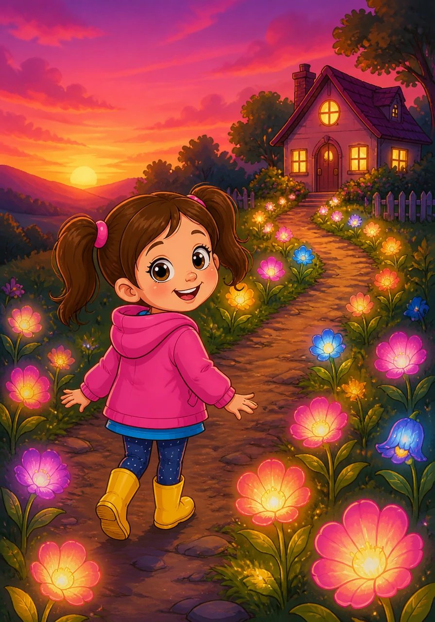 As the sun began to set, the sky turned shades of soft pink and deep orange. The magical flowers started to glow softly, lighting the way back to Harper's cozy house like colorful lanterns.