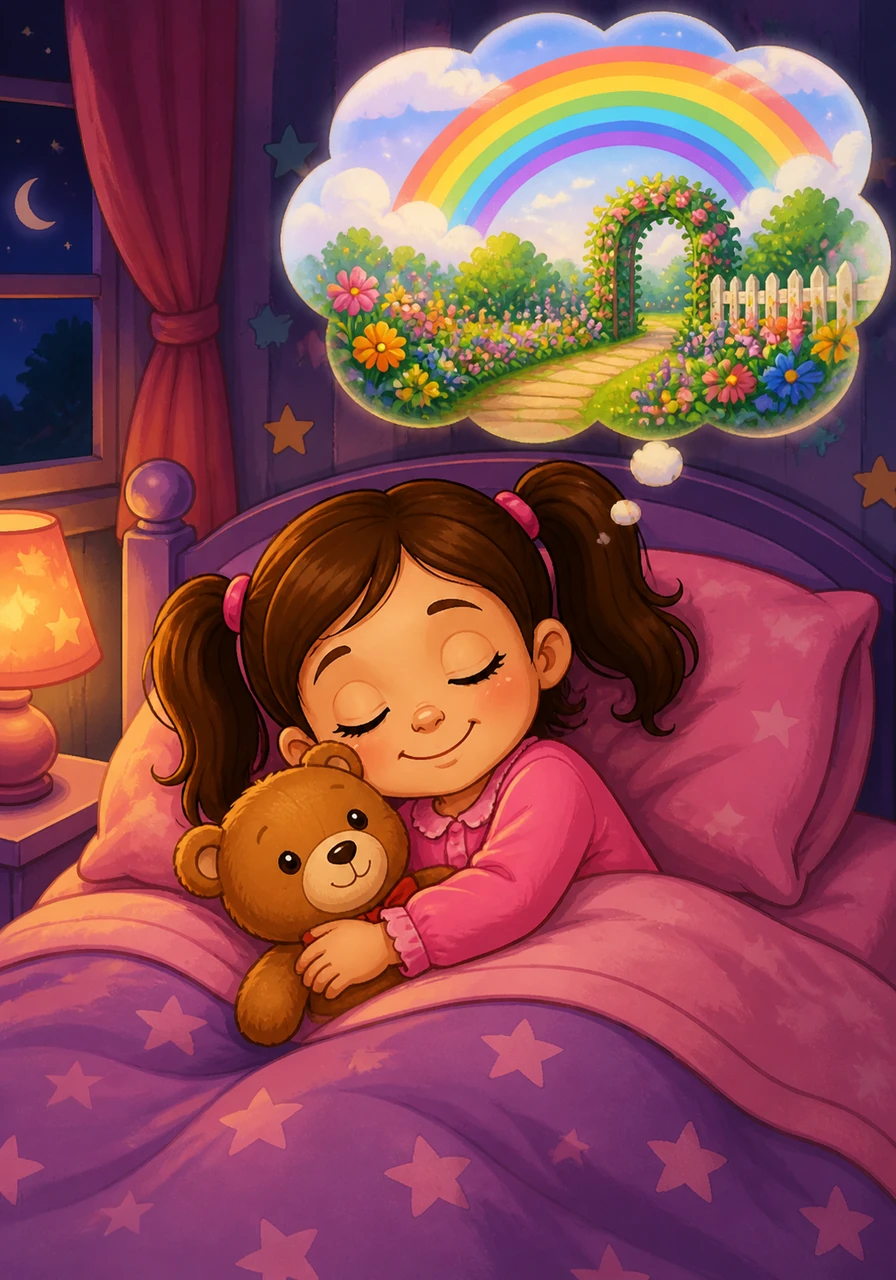 Tucked safely in her warm bed, Harper hugged her teddy bear and closed her eyes. She fell asleep with a smile, dreaming of the wonderful surprises her rainbow garden would bring tomorrow.