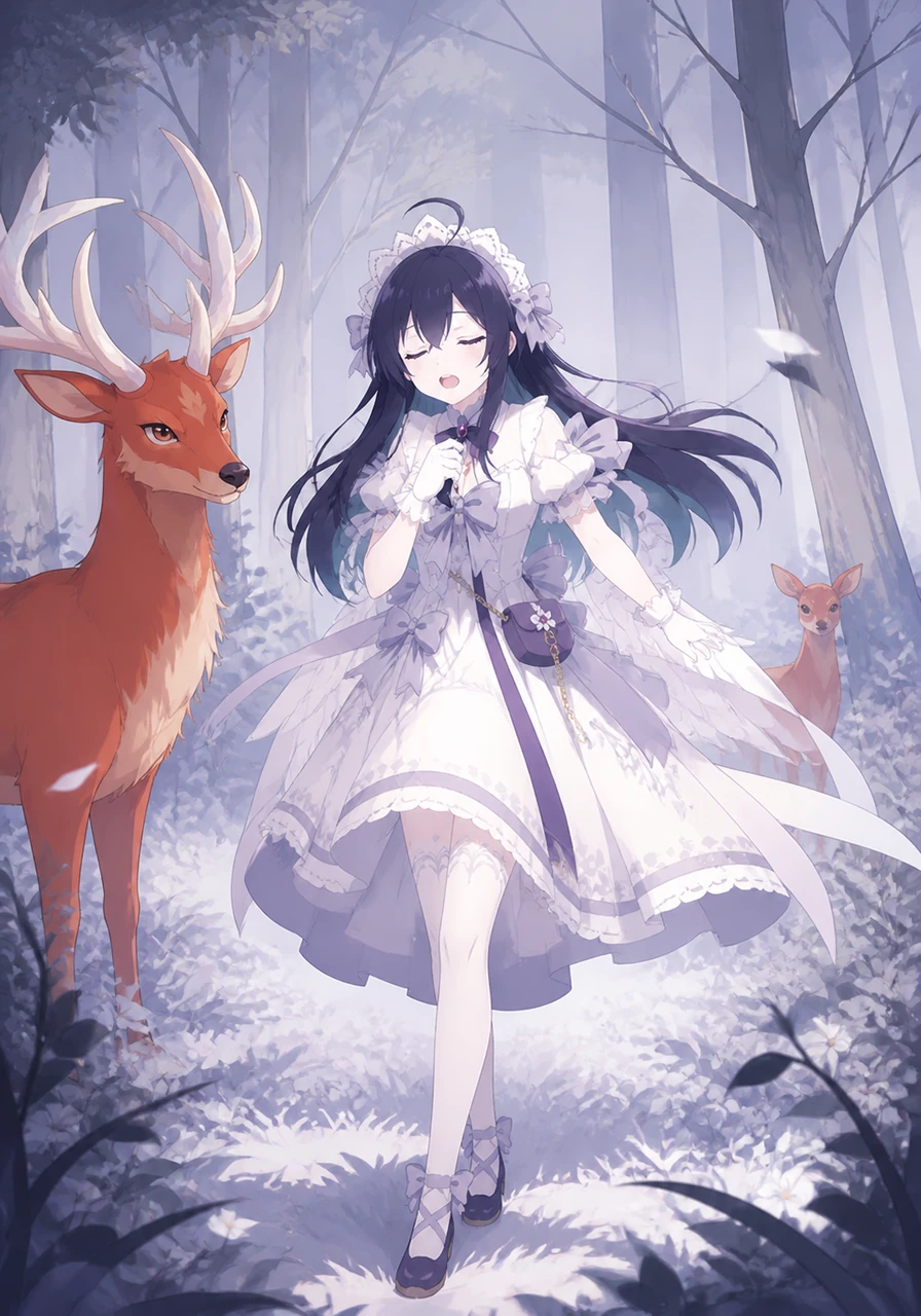 Columbina wanders through the silent, silver-misted woods, her eyes closed as she hums a hauntingly beautiful melody. Her six white wings are tucked neatly behind her, and her delicate ribbons dance in the cold breeze as she enjoys the solitude.