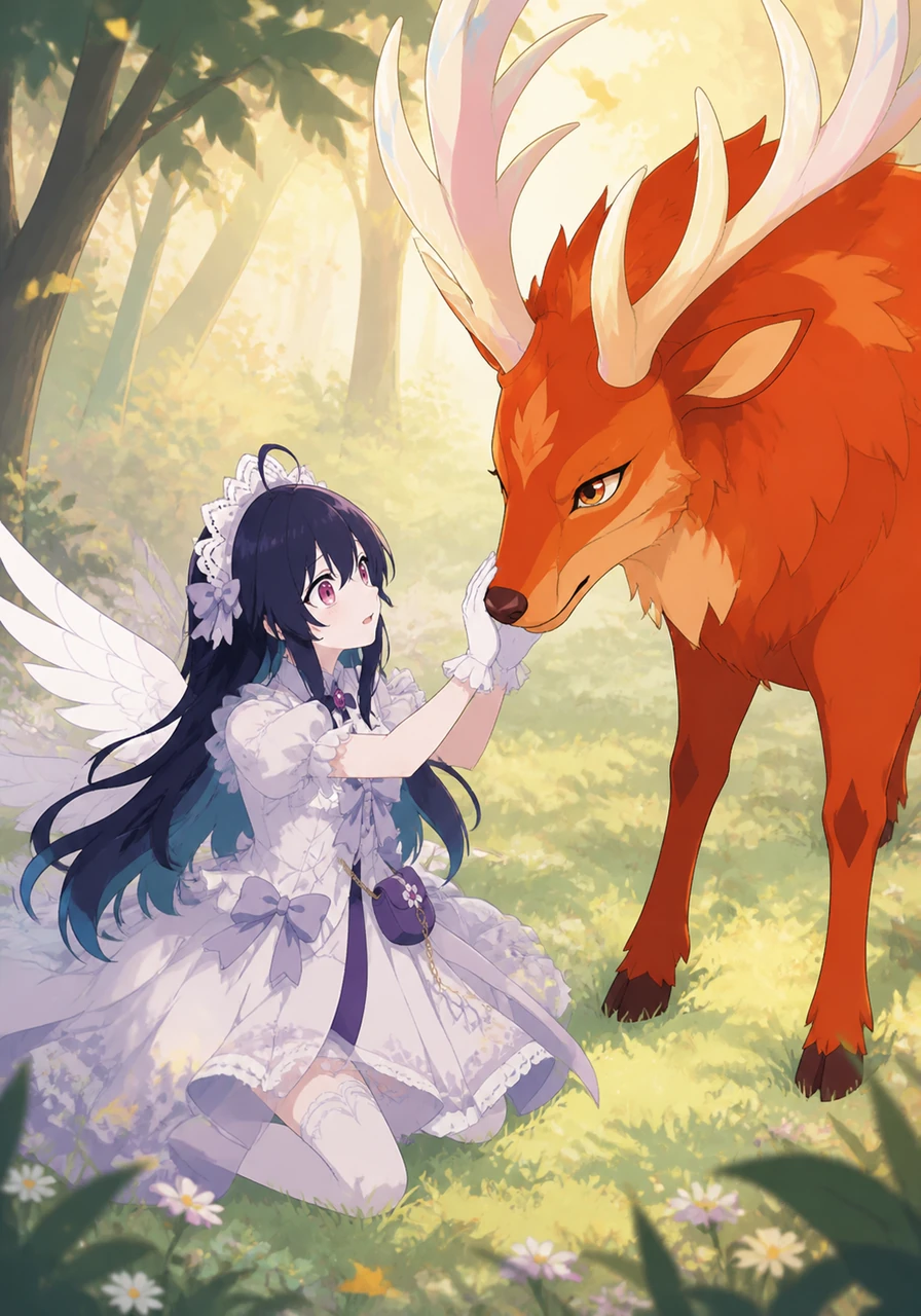 Emerging into a sunlit clearing, she notices a large deer with shimmering antlers and fur the color of autumn leaves. The creature seems peaceful, and Columbina reaches out a gloved hand, hoping to touch its velvet nose in a rare moment of gentleness.