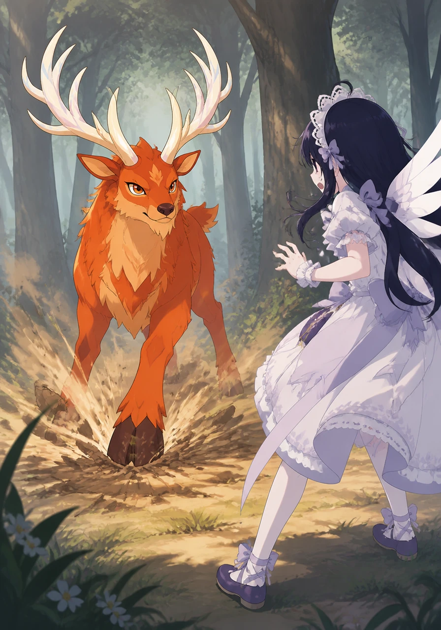 The deer suddenly snaps its head up, its eyes locking onto the strange girl with the lace headpiece. With a loud, defiant huff, it stomps its hoof against the soft earth, shattering the quiet of the forest and startling the Harbinger.