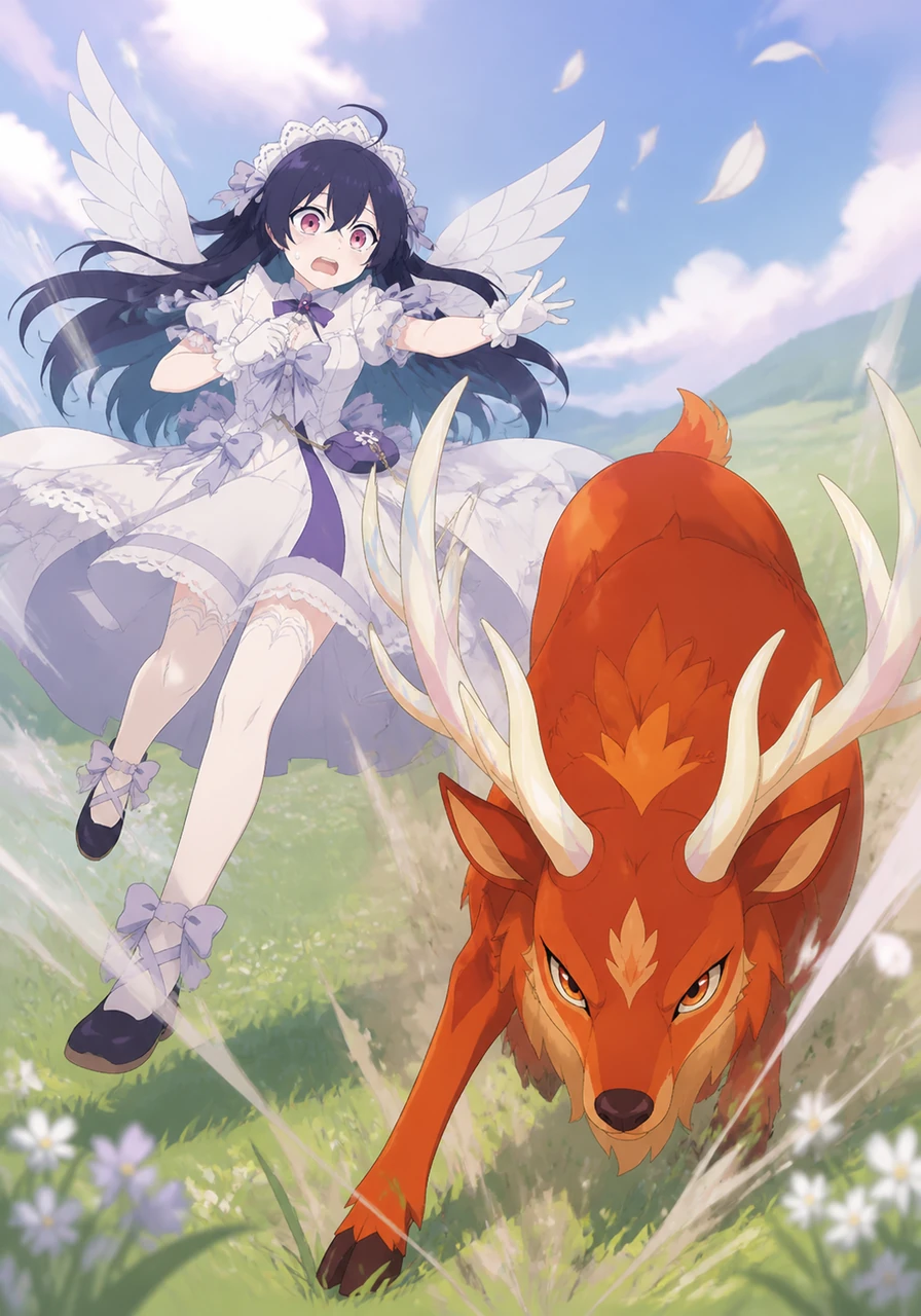To Columbina's utter surprise, the deer lowers its head and charges forward with a mischievous energy. The powerful Fatui Harbinger finds herself stumbling backward, her serene composure momentarily broken by the animal's sudden boldness.