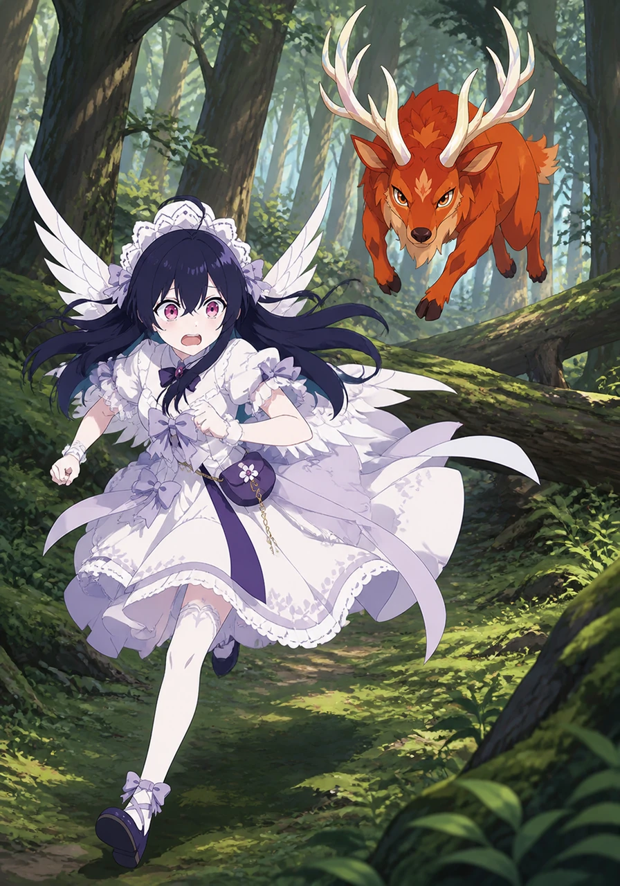 The chase begins in earnest as Columbina turns and sprints across the mossy floor, her elegant dress fluttering wildly. Behind her, the deer leaps gracefully over fallen logs, its hooves thumping rhythmically as it gains ground on the flying girl.