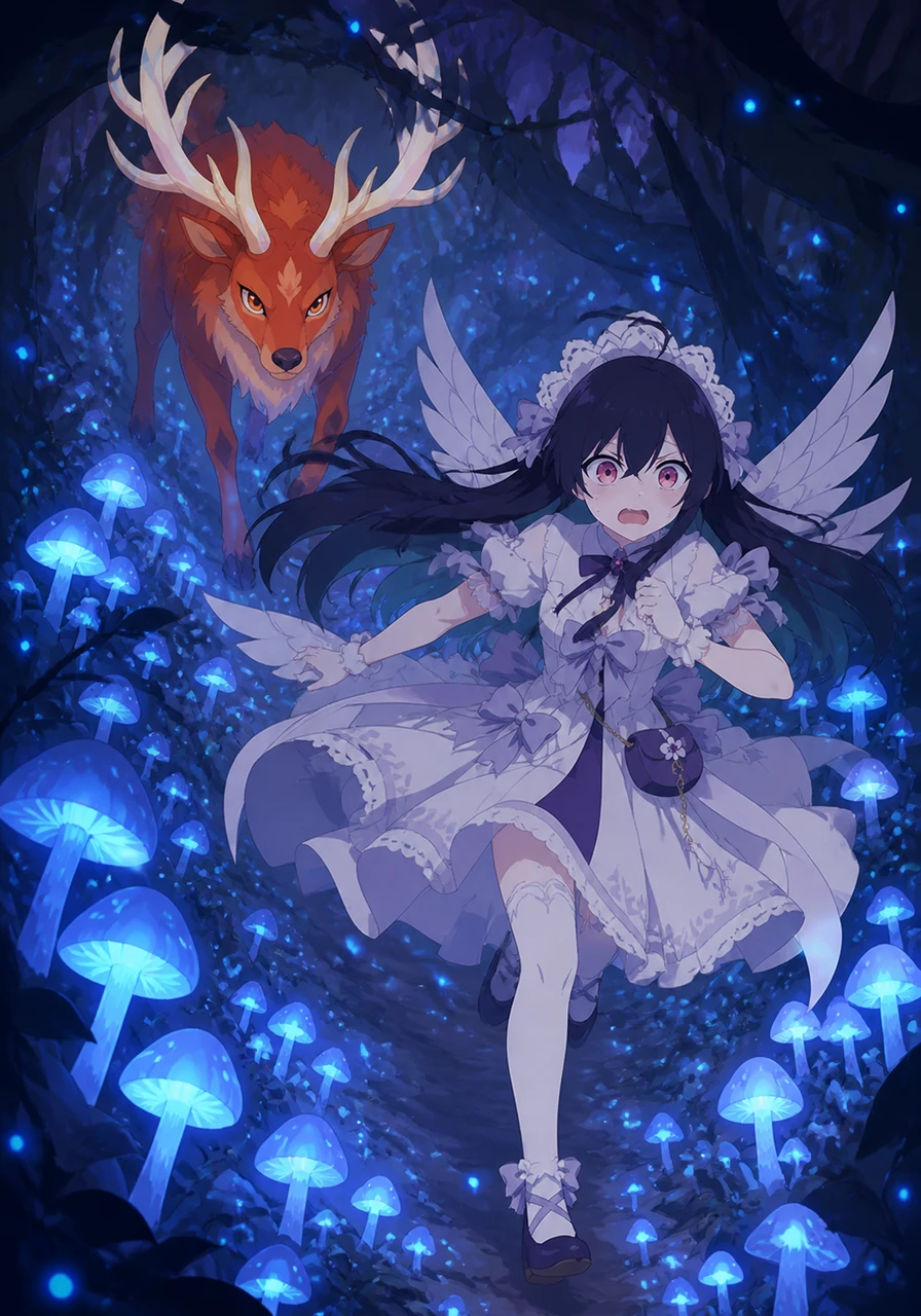 She darts through a thicket of glowing blue mushrooms, the spores rising like stardust around her as she runs. The deer is relentless, its antlers occasionally brushing against low-hanging branches as it pursues her through the magical undergrowth.