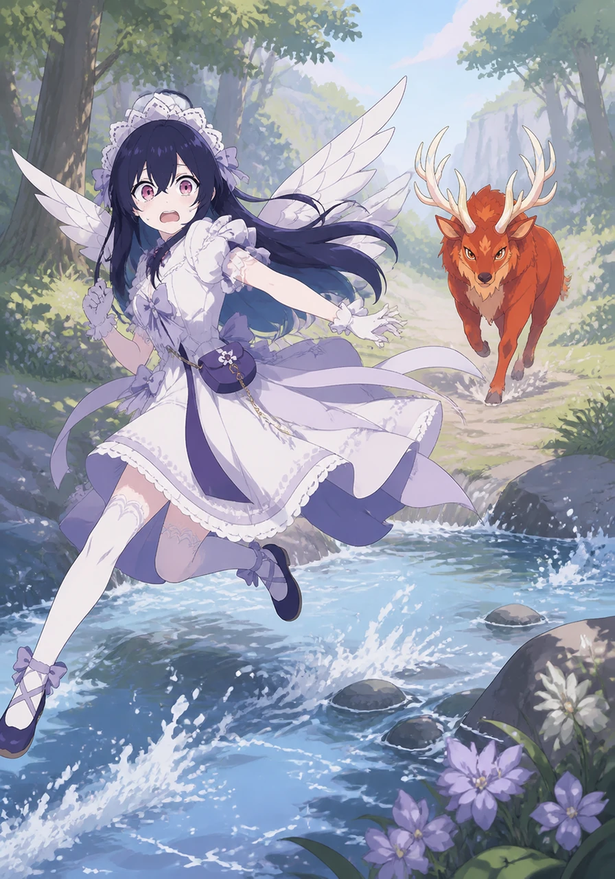 Columbina looks back over her shoulder with a look of pure shock and confusion, her usual calm replaced by a frantic desire to outrun the persistent animal. She leaps over a babbling brook, her wings fluttering briefly to help her clear the sparkling water.