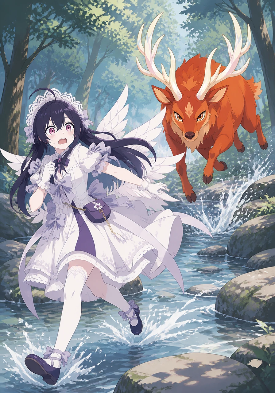 The deer follows her across the stream with a mighty jump, landing perfectly and continuing the pursuit without missing a beat. Columbina realizes that this is no ordinary forest creature, but one with a very stubborn and playful spirit.
