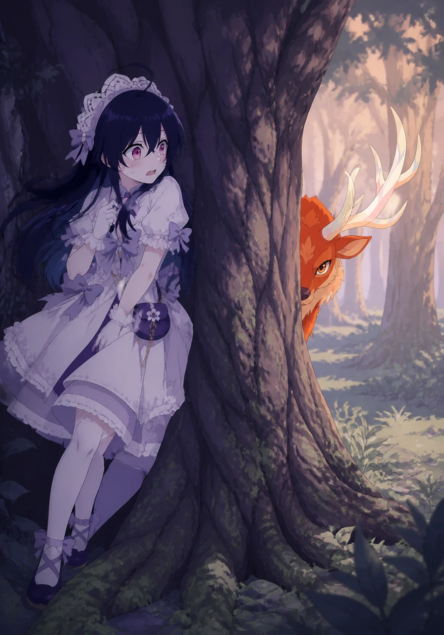 Reaching a massive, ancient tree, Columbina ducks behind the wide trunk and presses her back against the rough bark, trying to catch her breath. She peeks out from the shadows, only to see the deer's large, curious eyes staring right back at her from the other side.