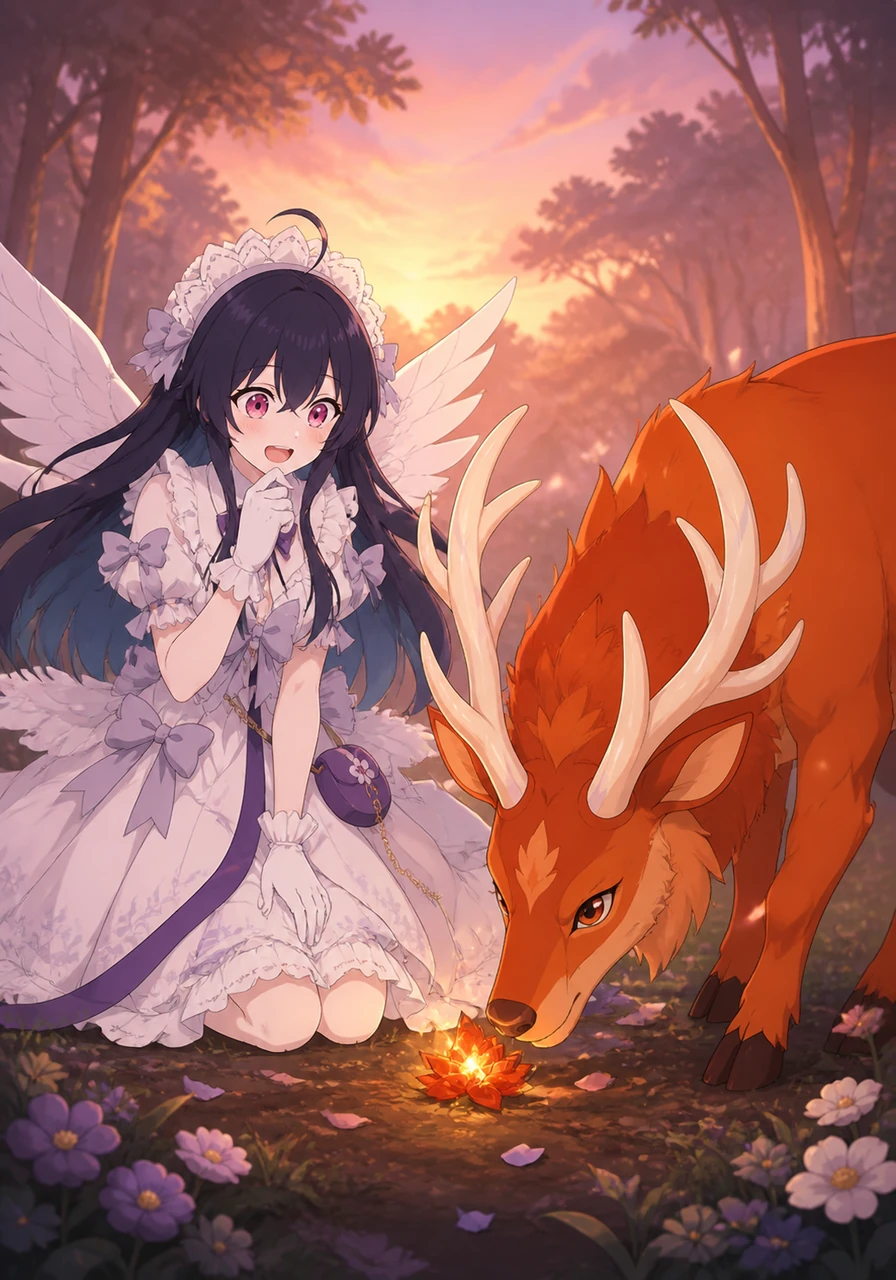 The deer nudges a small, glowing sunsettia fruit that had fallen from Columbina's pouch during the run, revealing it only wanted a snack. Columbina lets out a soft, melodic laugh, realizing the fearsome Harbinger had been outmatched by a hungry forest friend.