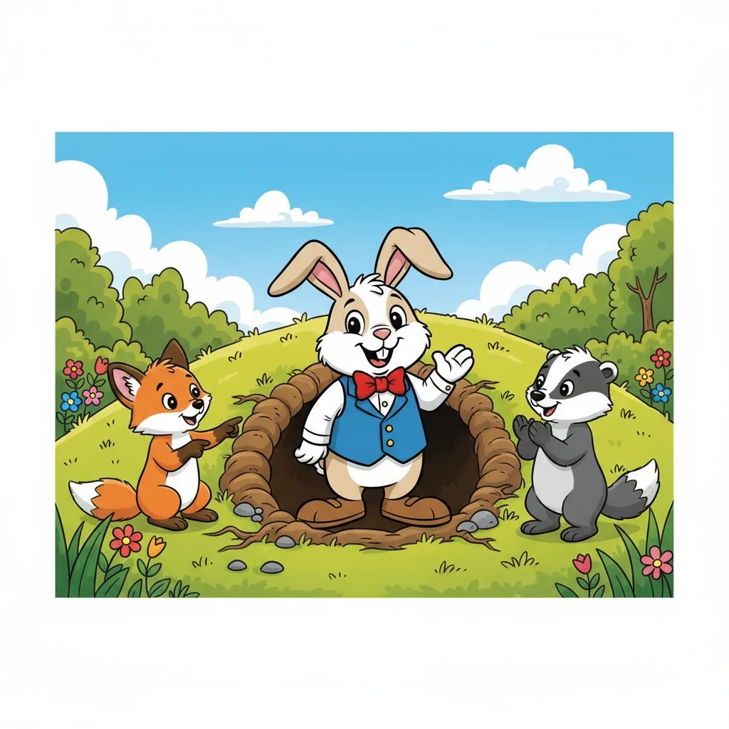 פתאום, מתוך המחילה יצא ארנב לבן קטן! הוא חייך ואמר 'תודה' על שחילצו אותו. הוא הבטיח להיות החבר הכי טוב שלהם, וללמד אותם את חשיבות הנימוס.