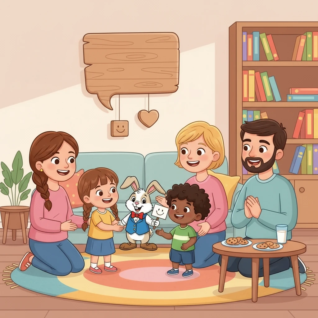 רונה, רפאל ורואי לקחו את הארנב, וקראו לו ארנבי מנומסי. הם הציגו אותו לאמא אלמוג, אמא אורין ואבא גל. ומאז, הם תמיד אומרים 'בבקשה' ומקבלים דברים ב'תודה'.