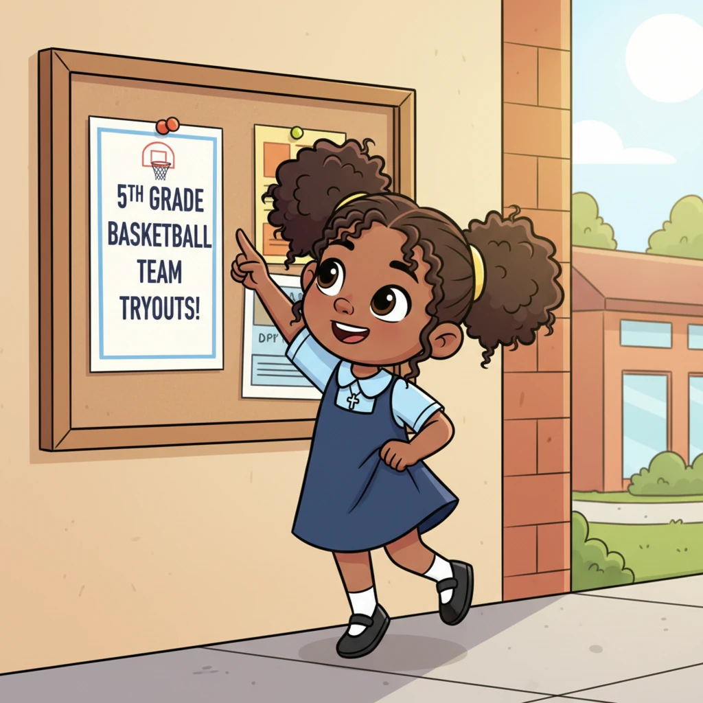 One sunny afternoon, a notice appeared on the school bulletin board: "5th Grade Basketball Team Tryouts!" Maya's heart did a little flip-flop. This was her chance! She felt a mix of bubbling excitement and a tiny flutter of nerves.