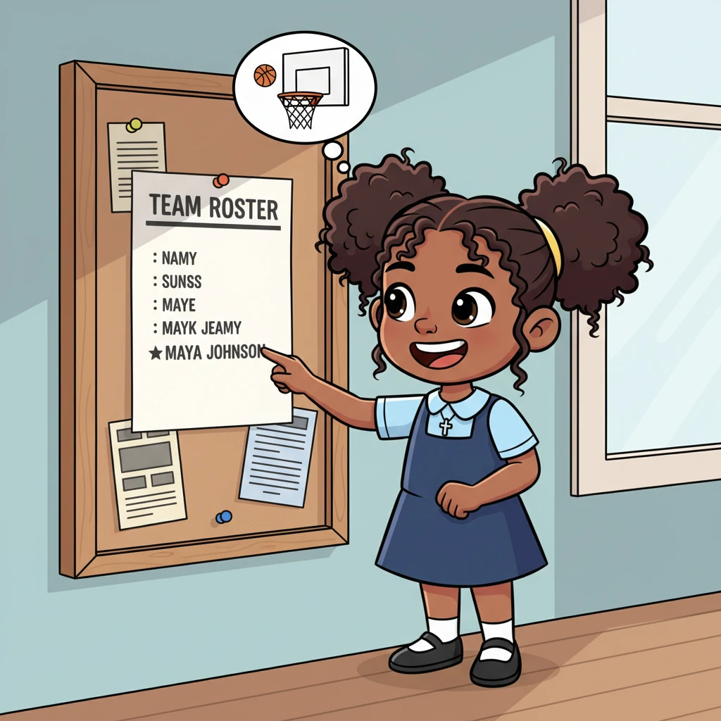 A few days later, Coach Miller posted the team roster. Maya's eyes scanned the list, her breath held tight. There it was: "Maya Johnson"! A huge grin spread across her face, but a small worry still tugged at her – she really needed to improve her shooting.