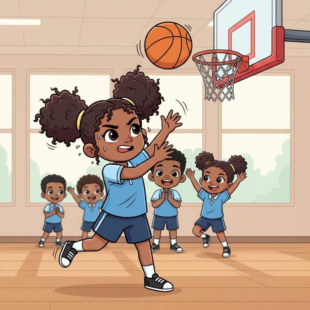 First practice was energetic and fun, but Maya's shooting struggles continued. Her teammates cheered her on, but the ball just didn't want to go through the hoop for her. She worked hard, trying different angles, but the basket felt miles away.