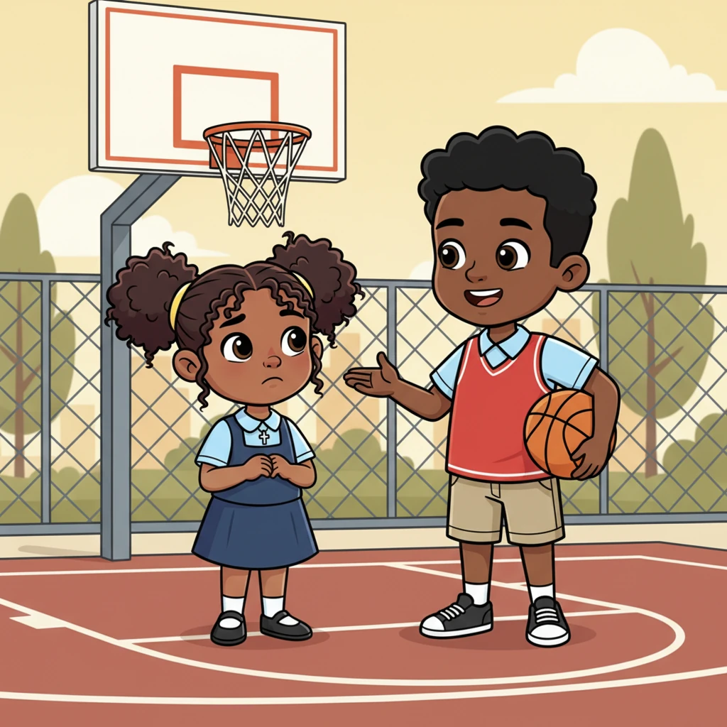 After practice, Jamal, who played on the JV team, saw Maya looking a little downcast. He knew that look well. "Trouble with your shot, little sis?" he asked with a knowing smile. He offered to help her practice after school, and Maya's face lit up.