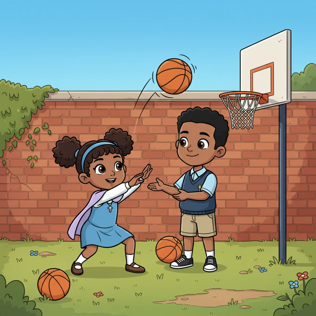 Every day, Jamal taught Maya his secret shooting tips in their backyard. He showed her how to hold the ball, bend her knees, and follow through with her wrist, like a graceful swan's neck. Maya practiced diligently, shot after shot, until her arms ached.