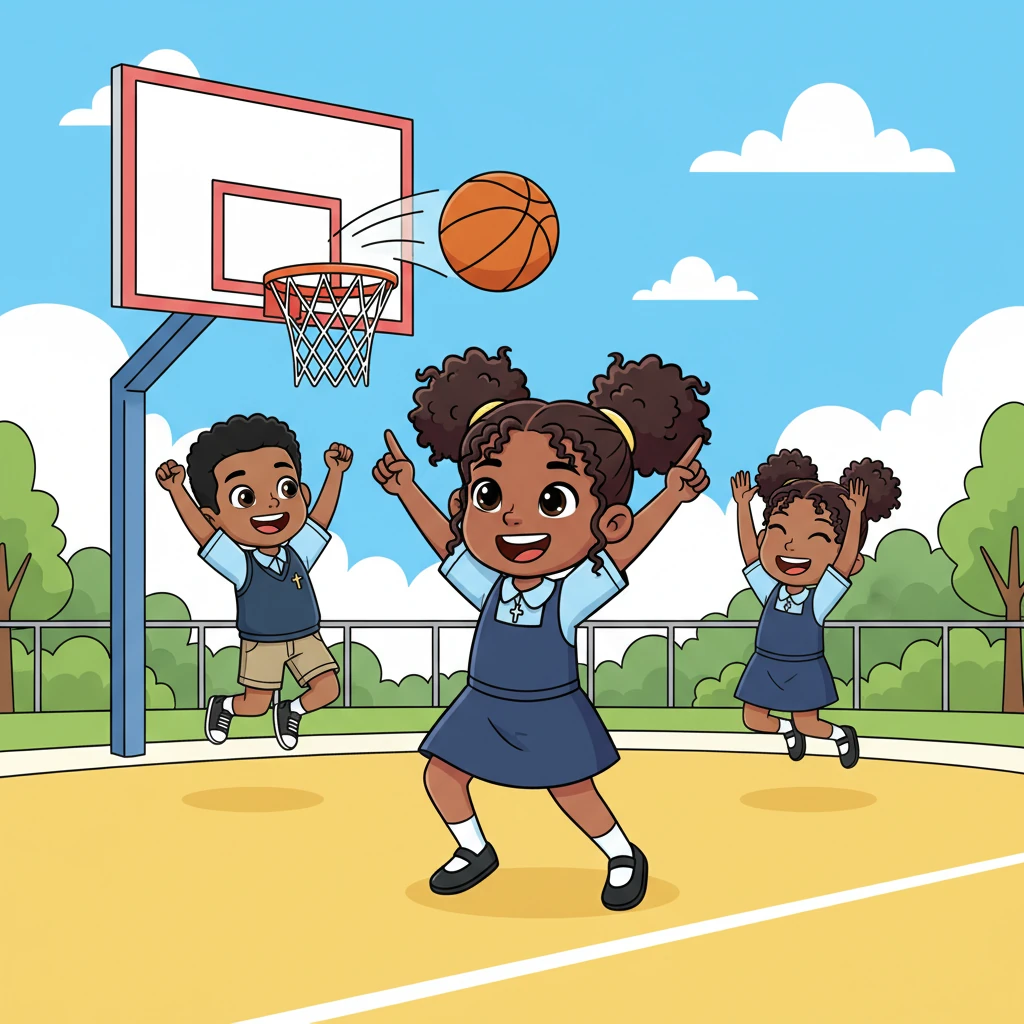 Taking a deep breath, Maya remembered Jamal's words: "Focus, form, follow-through!" She squared her shoulders, bent her knees, and released the ball with a perfect arc. Swish! The net barely moved as the ball sailed cleanly through the hoop! Her teammates erupted in cheers.