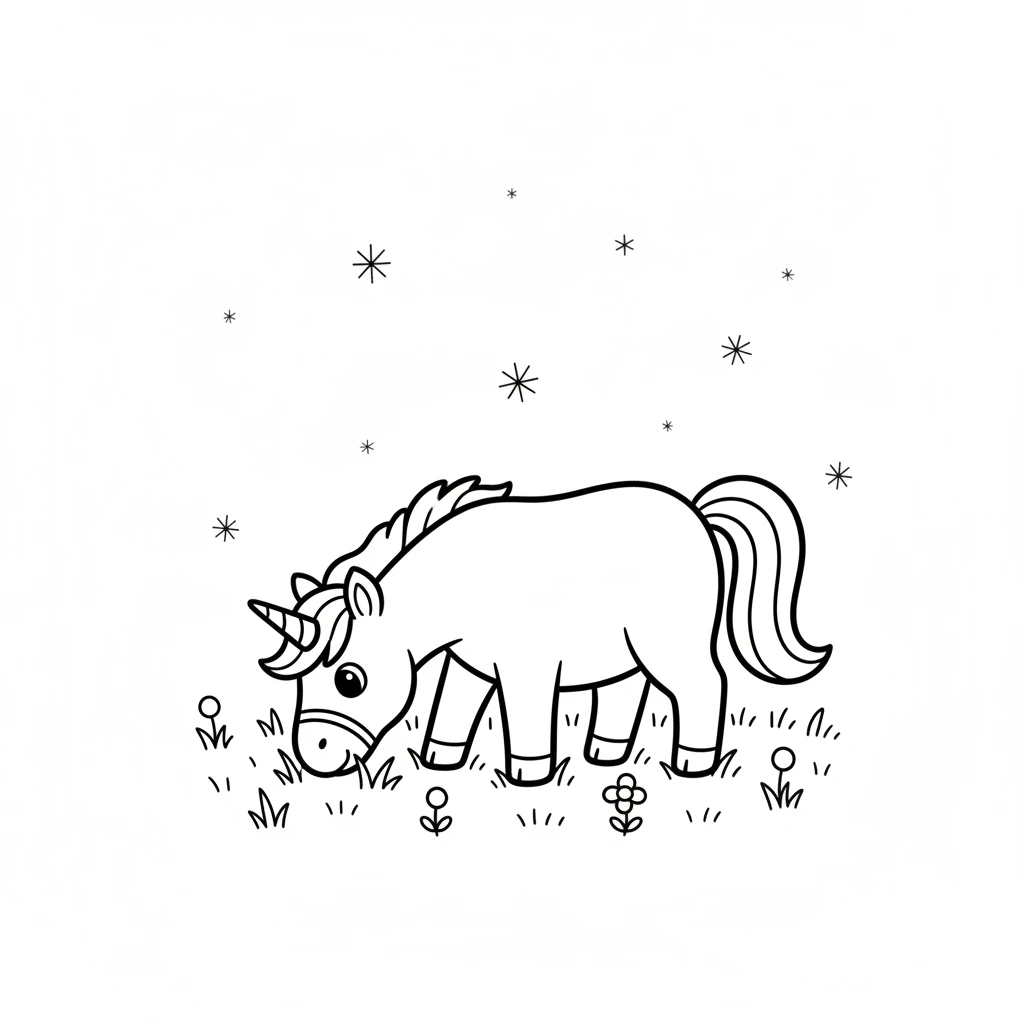 Sparklehoof, a beautiful unicorn, grazes peacefully in a vibrant meadow. The night sky above is usually full of sparkling stars, but tonight they look dim and sleepy.