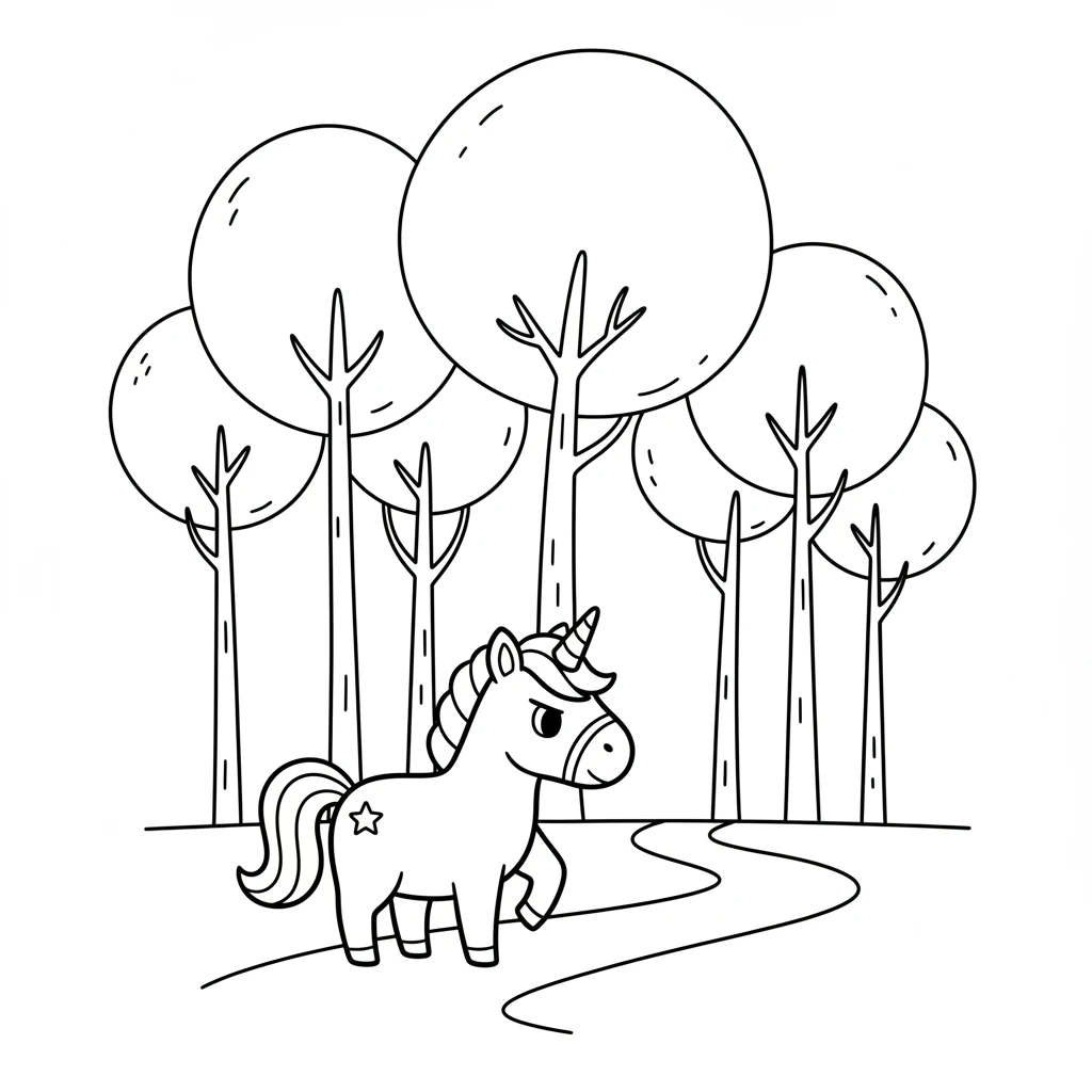 Sparklehoof bravely steps into the edge of the Whispering Woods. Tall, simple trees with rounded tops loom, and a winding path invites the unicorn deeper.