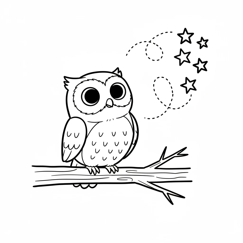 A friendly little owl named Hoot, with big round eyes, perches on a branch. Hoot knows a secret path to where the stars might be hiding.