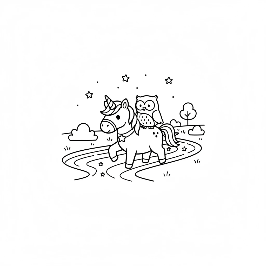 Sparklehoof and Hoot carefully cross a narrow, curving stream. The water is drawn with simple wavy lines, reflecting the faint starlight.