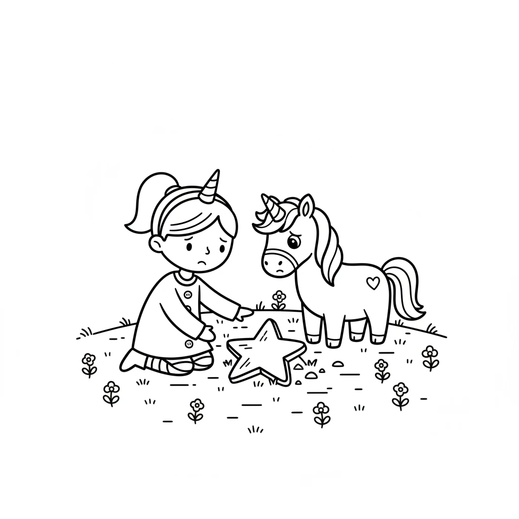 They arrive at a hidden clearing filled with tiny, simple flowers. In the center, a small, round, fallen star rests softly on the grass, looking sad.