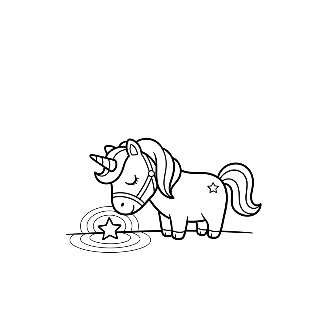 Sparklehoof lowers its head and gently touches the fallen star with its magical horn. A soft, circular glow emanates from the star as it begins to awaken.