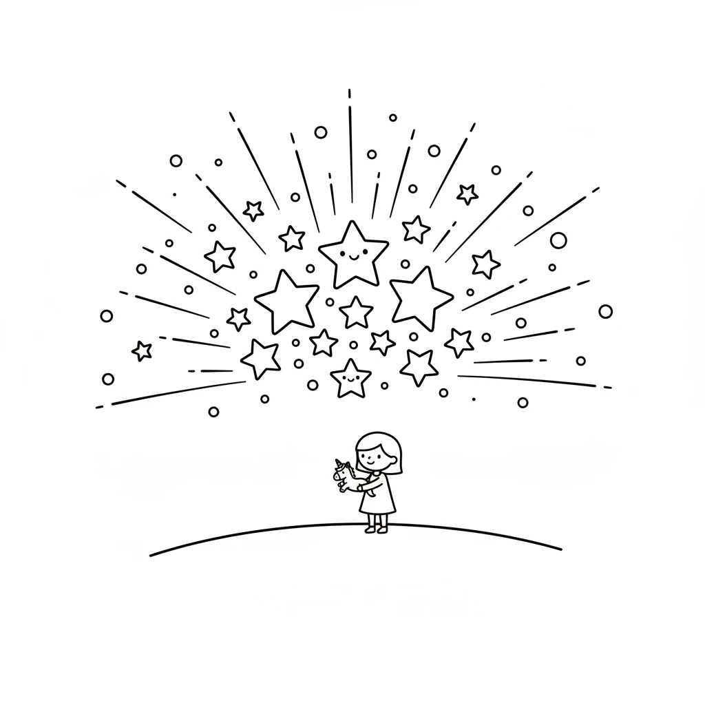 As the little star rejoins its family, all the other stars in the sky burst into brilliant, joyful sparkles. The night is once again lit with magic.