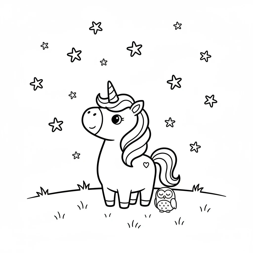 Sparklehoof stands back in its meadow, looking up at the beautifully bright, twinkling sky. Hoot rests nearby, and all is peaceful and well.