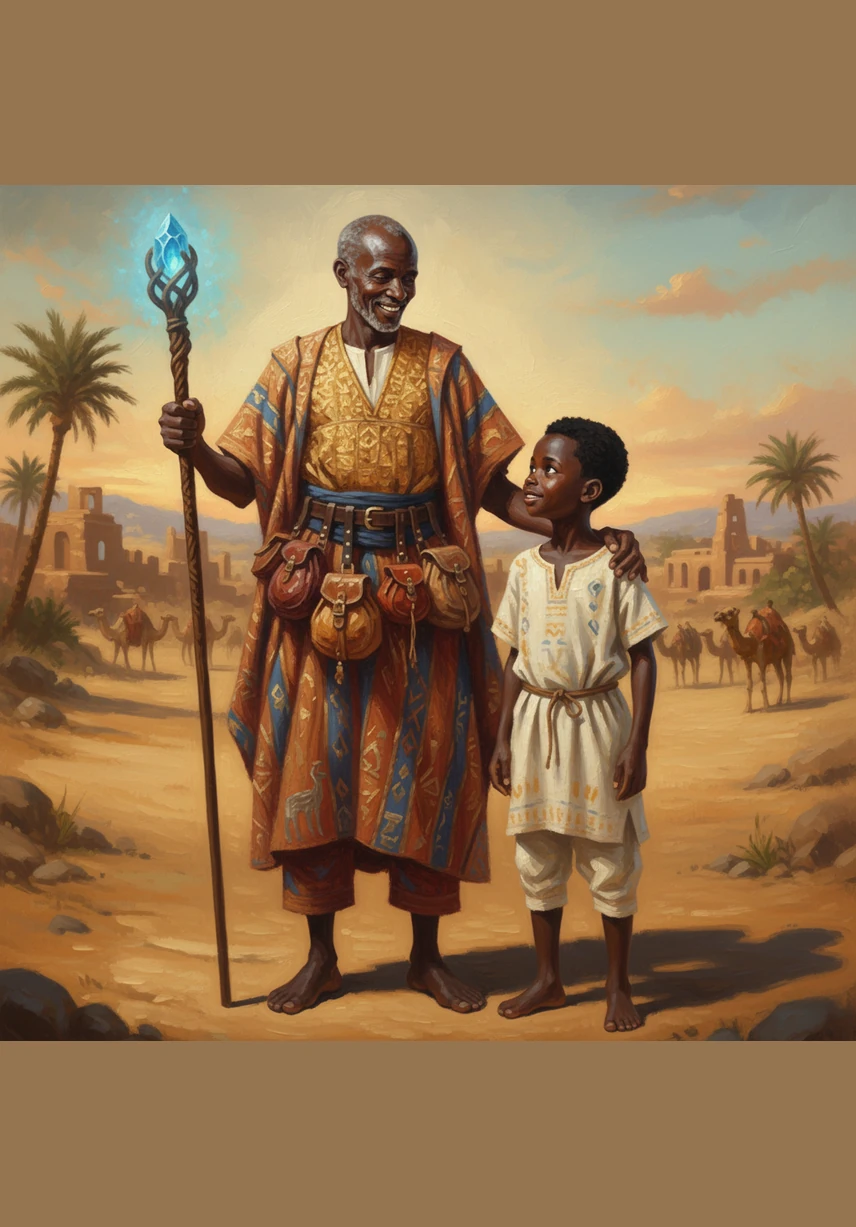 El padre de Amadou prepara bolsas de cuero con pepitas de oro brillante. "Este oro viajará a tierras muy lejanas", dice su padre con una sonrisa. Malí es famoso en todo el mundo por su inmensa riqueza y sus minas de oro. Preguntas: ¿Qué río da vida a Malí? ¿Por qué es rico el imperio?