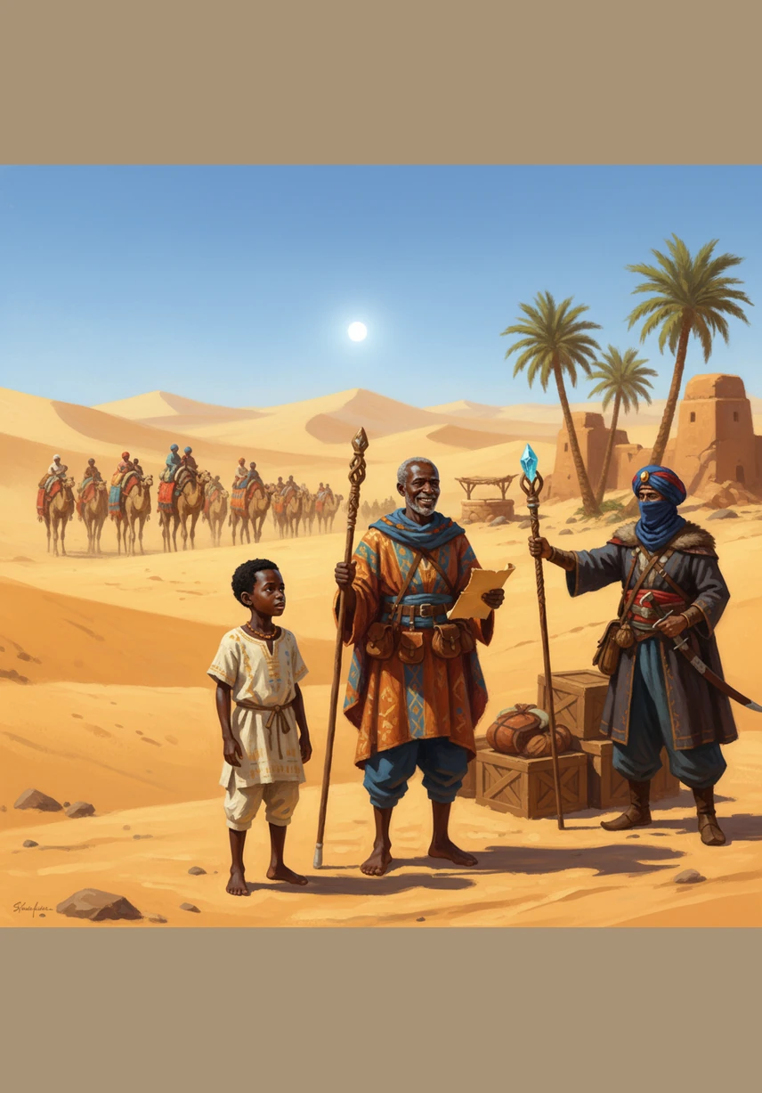 Una caravana de camellos aparece en el horizonte del inmenso desierto del Sahara. Aunque el desierto tiene mucha arena y hace calor, los comerciantes lo cruzan con valentía. Los camellos caminan en una fila larga y lenta bajo el sol brillante.