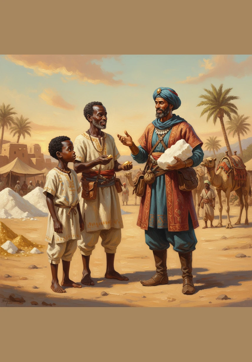 Los comerciantes del norte traen bloques de sal blanca para intercambiar por el oro. "Cambiamos sal por oro porque la sal es necesaria para la vida", explica un viajero a Amadou. La sal ayuda a conservar la comida y mantiene a la gente sana en el calor. Preguntas: ¿Cómo cruzan el desierto? ¿Por qué es importante la sal?