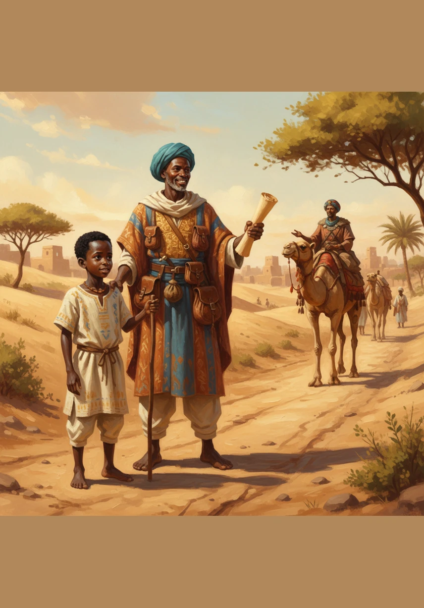 Amadou viaja con su padre y ve que el Imperio de Malí es gigantesco y muy fuerte. Pasan por muchas aldeas grandes y mercados llenos de gente que habla diferentes lenguas. Amadou aprende que Malí no es un lugar pequeño, sino un imperio poderoso.