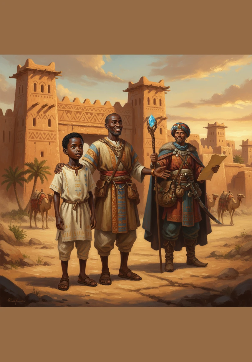 Al entrar en la ciudad de Tombuctú, Amadou ve edificios altos hechos de barro y madera. "Aquí el saber es más valioso que el oro", le comenta un maestro en la calle. Tombuctú es un centro mundial de aprendizaje con muchas bibliotecas y libros antiguos. Preguntas: ¿Qué hacían los sabios en Tombuctú? ¿Era Malí un imperio pequeño?