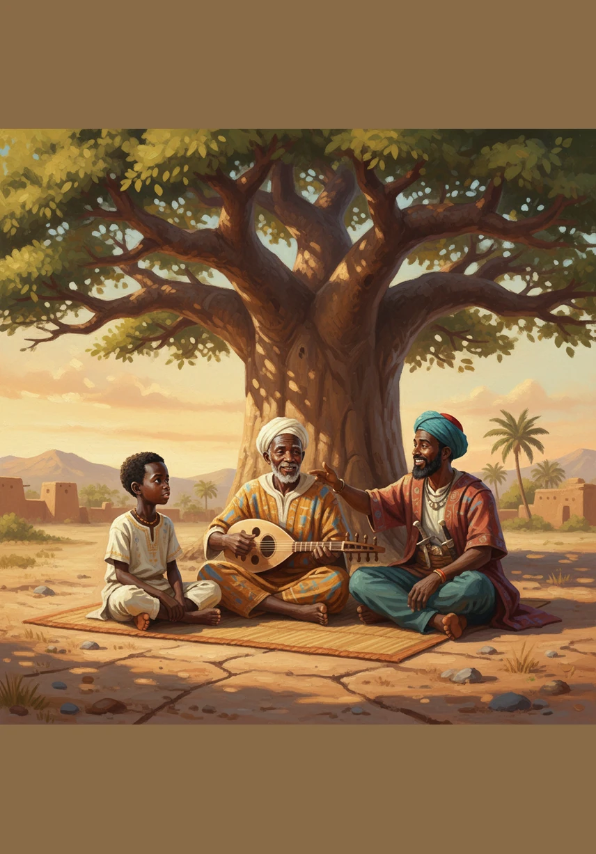 Un sabio Griot se sienta bajo la sombra de un gran árbol baobab para contar historias. Los Griots son los historiadores que guardan la memoria de Malí en sus canciones y poemas. Amadou escucha con mucha atención las leyendas de los antiguos reyes.