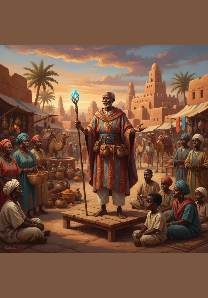 El Griot explica que el comercio de Malí conecta a muchas naciones a través del Sahara. El imperio es respetado porque tiene leyes justas y mercados donde todos pueden comerciar en paz. Preguntas: ¿Quiénes son los Griots? ¿Hasta dónde llegaba el comercio de Malí?