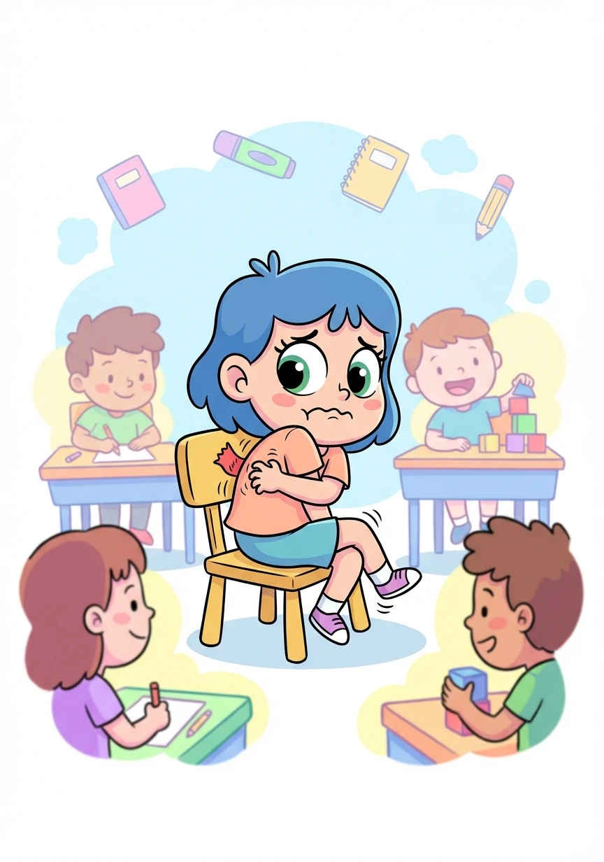 Heather sat at her desk, squirming. The classroom buzzed with activity, but all she could feel was the prickly tag on her shirt scratching her back. She tried to ignore it, but the itch grew stronger with every passing minute.