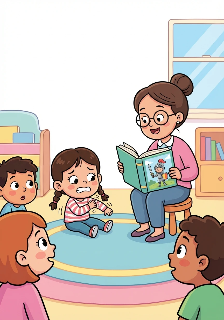 During story time, Mrs. Davis read a captivating tale of a brave knight. Heather wanted to focus, but the scratchy feeling overwhelmed her. She fidgeted, unable to sit still, and earned a few curious glances from her classmates.