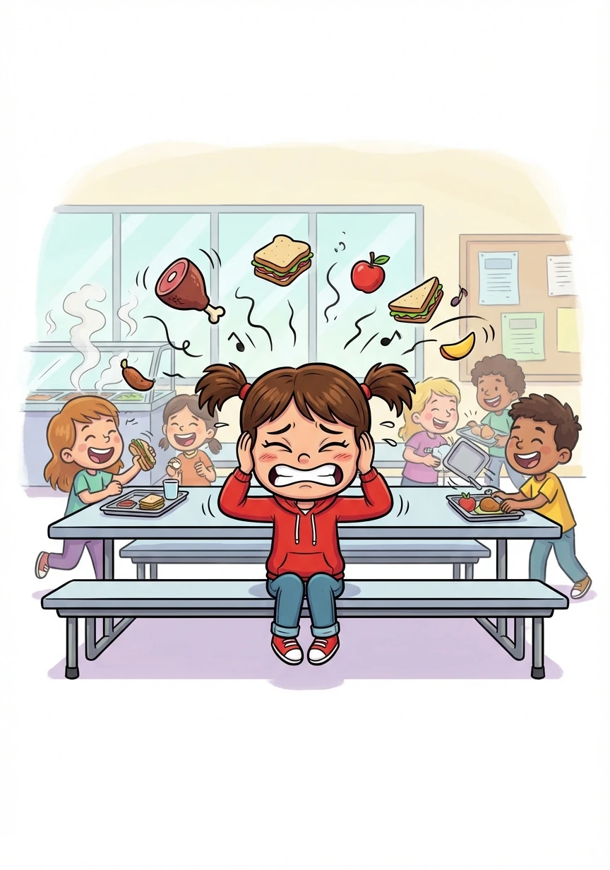 Lunchtime was even worse. The clatter of trays, the chatter of voices, and the smell of mystery meat all combined into a sensory overload. Heather covered her ears and squeezed her eyes shut, wishing she could disappear.
