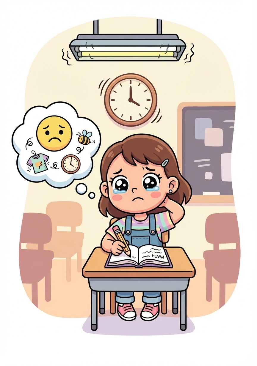 Back in class, Heather struggled to concentrate on her math problems. The itchy tag, the buzzing fluorescent lights, and the ticking clock all competed for her attention. Tears welled up in her eyes.