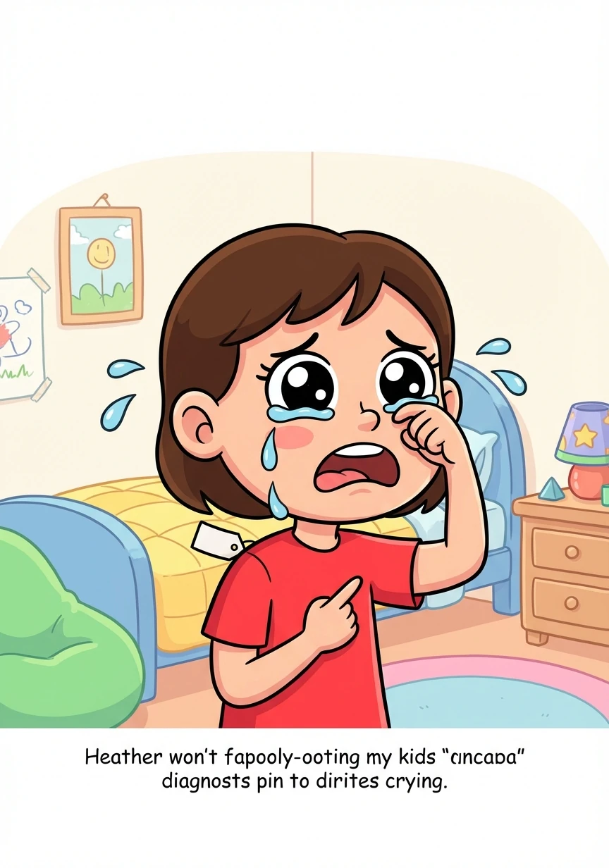 Heather, overwhelmed, burst into tears and pointed to the tag on her shirt. "It's so itchy! It won't stop scratching!"