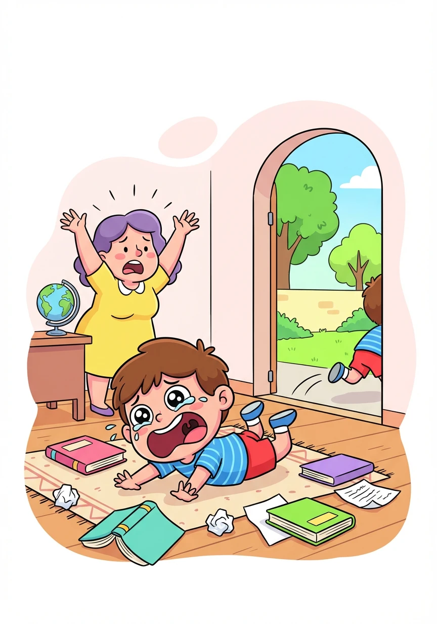 Na sala de aula, Simão se joga no chão, rola e faz birra, para o desespero da professora. Ele foge para o pátio, deixando para trás os livros e as lições.