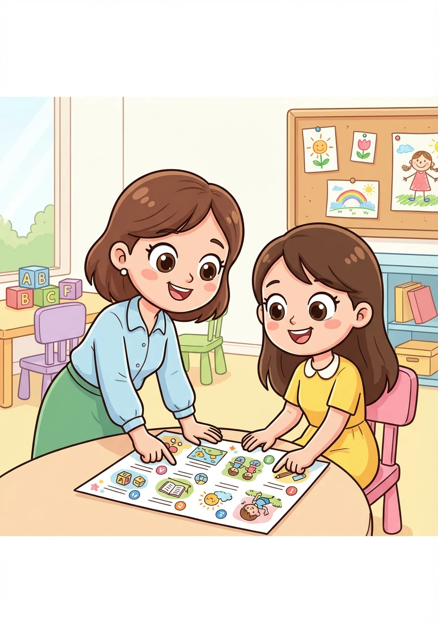 A mãe de Simão conversa com a professora, buscando maneiras de ajudar o filho a se adaptar à escola. Juntas, elas planejam atividades divertidas e educativas.