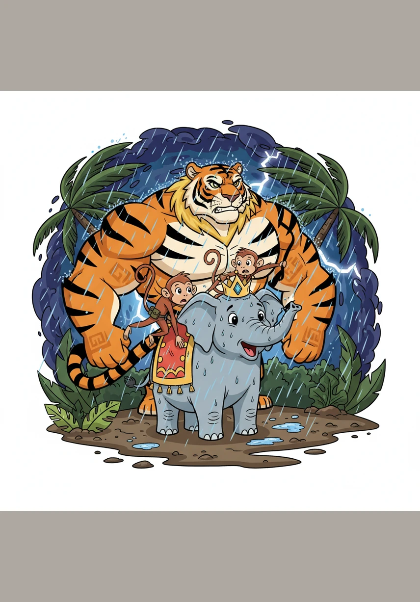 Suddenly, the bright sky turned a bruised purple as heavy, dark clouds rolled over the treetops. A thunderous roar shook the earth and a flash of lightning split the sky, signaling the arrival of a storm unlike anything the animals had ever seen.